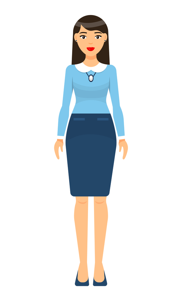 Isolated cartoon character stylish businesswoman wearing turquoise skirt with belt, blouse, shoes. Business lady style. Dresscode of office worker. Long-haired brunette with red lips, accessories. Isolated businesswoman wearing stylish turquoise skirt and blouse, dresscode of businessworker