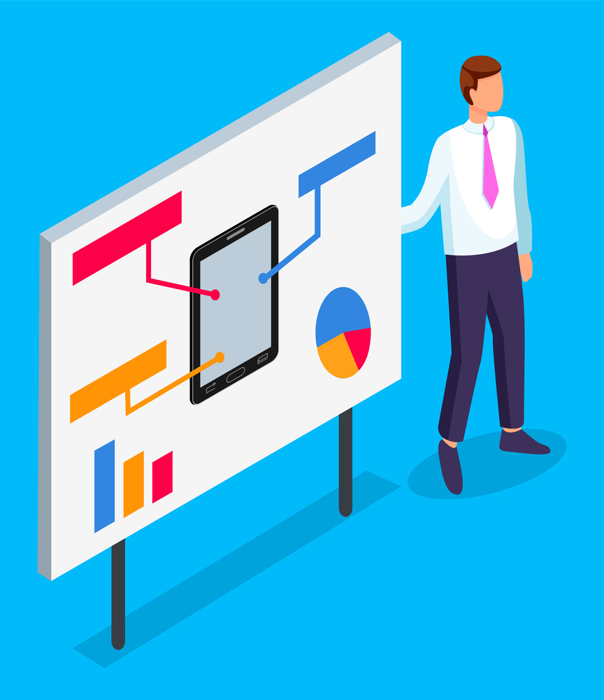 Office worker in unifrom standing near board with presentation. Tablet or smartphone with text blocks, graphic, pie chart or diagram. Web analytics, analysing statistic of using mobile internet. Office worker show presentation at board, tablet with text blocks, pie chart, graph, statistic