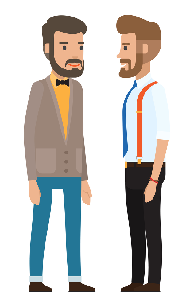 Dresscode of stylish businessman, cartoon characters in flat style, stylish businesspeople wearing office costumes, shirt, tie and trousers, young guy in jacket, bow tie and pants, two colleagues men. Dresscode of stylish businessman, cartoon characters, stylish businesspeople in office costumes