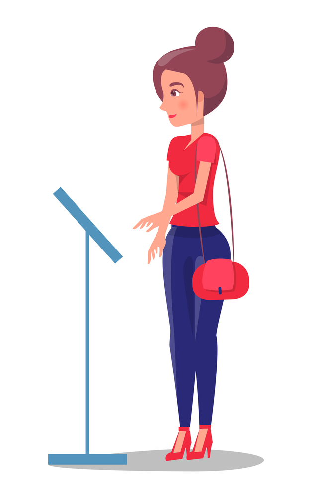 Woman buyer near stand with information, female reading about product or good, isolated cartoon character in flat style, young lady with stylish hairstyle and bag on her shoulder, portrait of girl. Woman buyer near stand with information, female reading about product or good, cartoon character