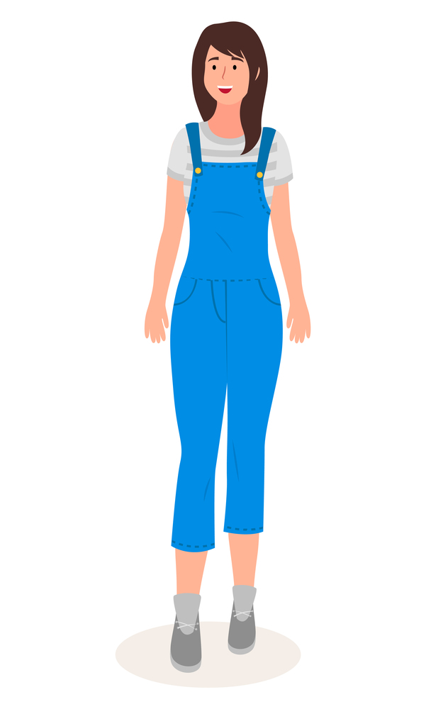 Isolated cartoon character. Young woman wearing overalls smiling. Cheerful happy brown-haired girl. Person portrait. Pretty girl from front view. Vector illustration of adult smiling person female. Isolated cartoon character, young woman wearing overalls smiling, cheerful happy brown-haired girl