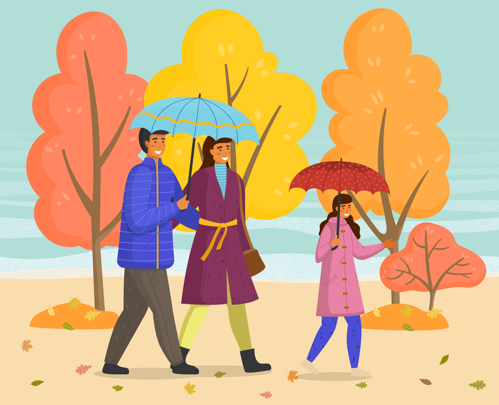 Rainy weather, father, mother and daughter with umbrellas walking in autumn park, family wearing warm clothes jacket and coat, young adults walking with little child, girl teenager walk with parents. Rainy weather, father, mother, daughter with umbrella walking in autumn park together, enjoy nature