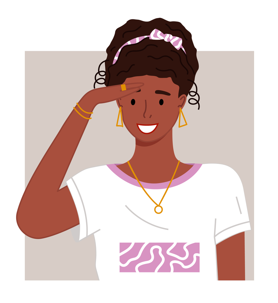 Portrait of young african woman with hairstyle, accessories looking forward. Smiling pretty black girl with golden earrings, necklace, ring on finger and bracelets. Happy afro female wearing t-shirt. Portrait of young african woman with hairstyle, accessories, smiling happy pretty black girl