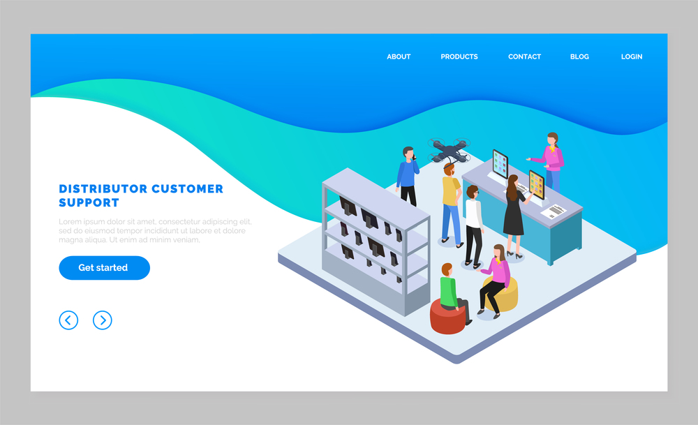 Landing page of website, distributor customer service. Isometric image with people in tech store buying digital device. Online consultation at website with distributors. Personalized help to customers. Landing page of website, distributor customer service, isometric image with people in tech store
