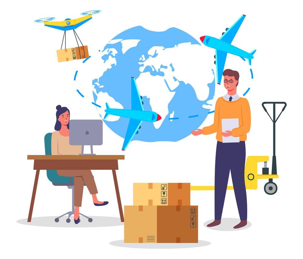 International business transportation, map with world and airplanes, drone with box, worldwide logistics, delivery, cargo shipping at plane, office workers, businesspeople work, managers, tracking. International business transportation, map with world and airplanes, drone, worldwide logistics