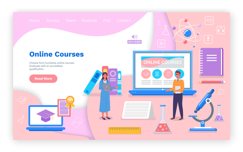 Landing page of educational website. Online courses. Online study, online science, online training, educational concept. Studying, learning courses, e-books, education in internet. Flat style. Landing page of educational website, online courses, online study, online science, online training