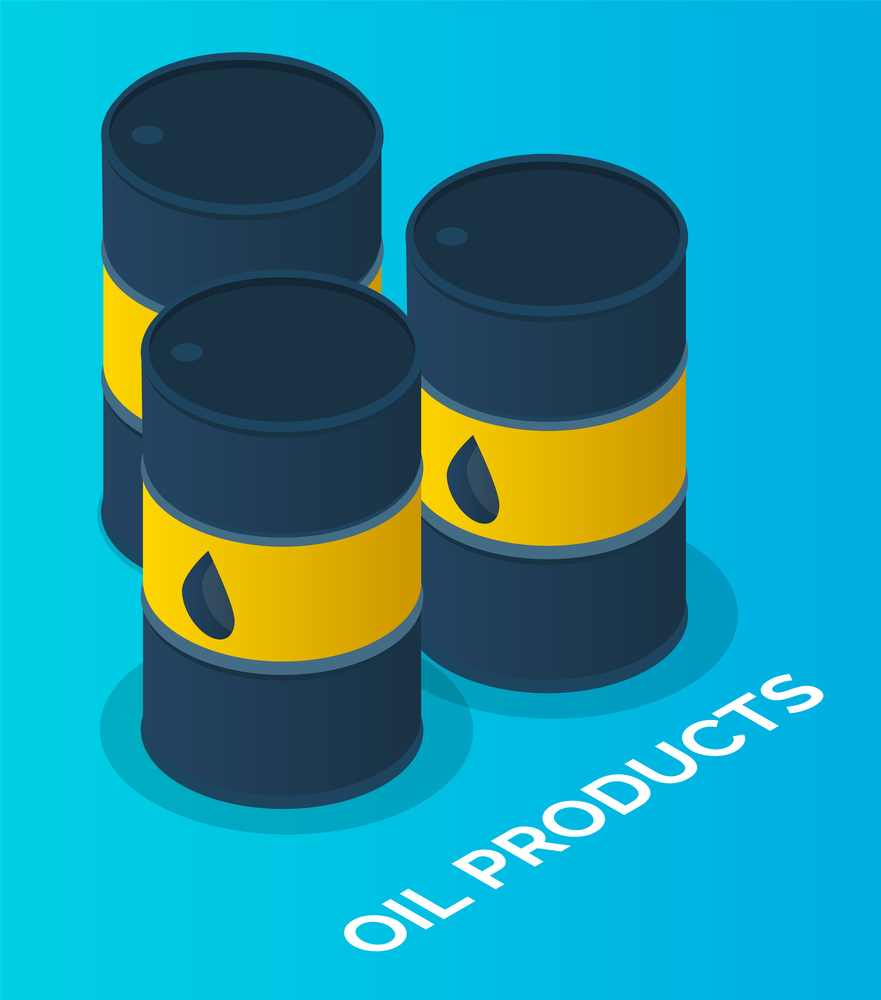 Oil petroleum industry, barrels with oil products, isolated at blue symbols. Storage, tank, cistern, vat, tub with oil. Resorvoir, with crude oil. Making industrial petroleum for different purposes. Oil petroleum industry, barrels with oil products, isolated symbols, storage, tank, cistern with oil