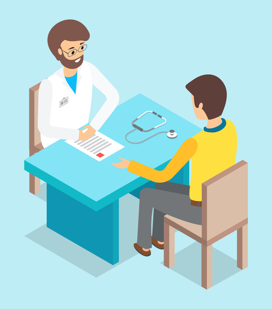 Isolated isometric cartoon characters. Doctor and patient sitting at table. Doctor s reception. Man consulting with doctor about health. Diagnostic and consultation. Meeting patient and doctor. Man patient consulting with doctor sitting at table, meeting therapist and patient, clinic concept