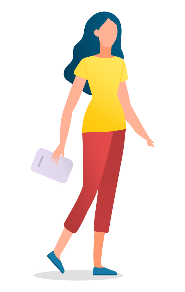 Girl portrait wearing sport leggings and t-shirt, holding clipboard, young faceless brunette woman, cartoon flat character isolated, template personage illustration, sportive female with long hair. Girl portrait wearing sport leggings and t-shirt, holding clipboard, young faceless brunette woman