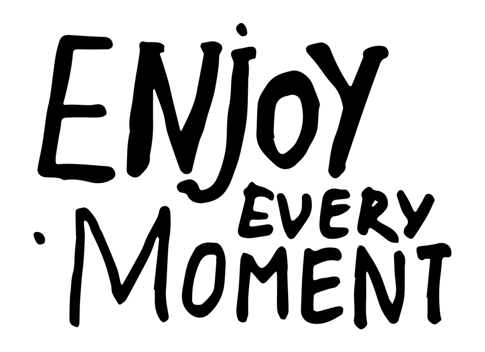 Black and white typography slogan, text graphics for using at polygraphy, as print. Poster or banner with text inspirational inscription. Using for label, sticker. Enjoy every moment. Handwritten text. Enjoy every moment, black and white typography slogan, print, label, sticker, motivational phrase
