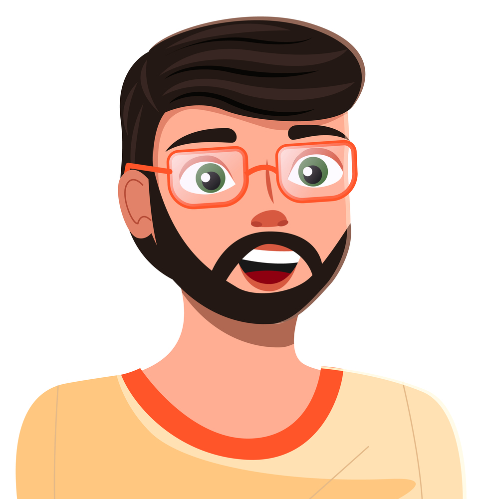Vector cartoon character. Avatar of young bearded man wearing eyeglasses in yellow t-shirt. Isolated at white portrait of happy cheerful guy, programmer or coder, profile user. Handsome man icon. Isolated at white portrait of happy cheerful guy, bearded man, programmer or coder, profile user