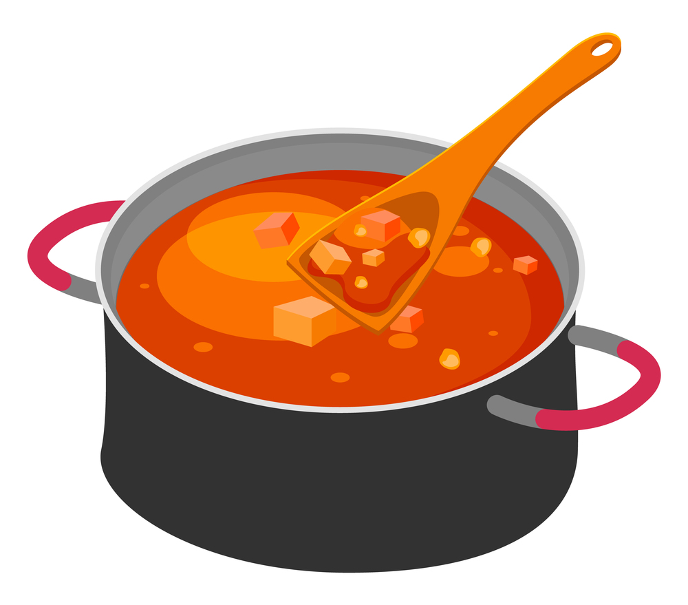 Isolated at white background big steel pan with borsch or red beet soup, wooden spoon or scoop. Delicious dish with vegetables. Traditional ukrainian cuisine. Healthy food, homemade. Web icon. Big steel pan with borsch or red beet soup, wooden spoon or scoop, delicious dish with vegetables