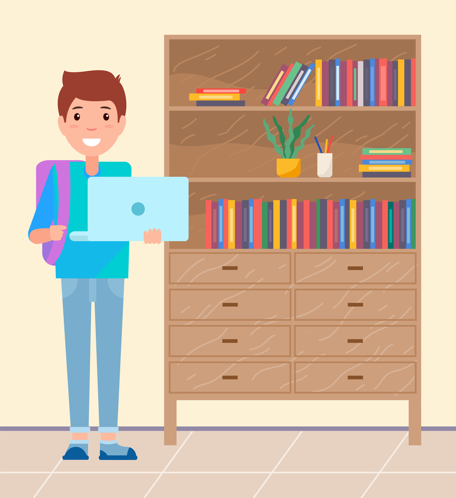 Student with laptop and backpack smiling, pupil standing near cabinet with books and decoration, young guy or boy portait and modern technology, vector cartoon character studying in internet. Student with laptop and backpack smiling, pupil standing near cabinet with books and decoration