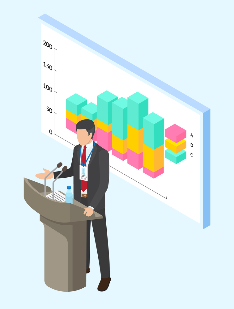 Office worker businessman in costume stand near board with visual presentation, growing graphic. Coacher, trainer, speaker talking at microphone at stand. Web analytics, analysing business statistics. Office worker businessman speaker stand near board with visual presentation, growing graphic