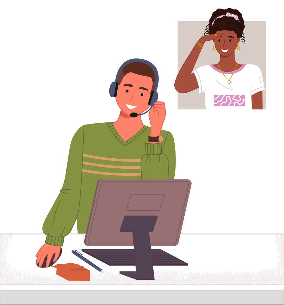 Man operator of call center or hotline. Consultant with headset and computer talk with black woman client. Smiling broker offers deal to partner. Video conference meeting. Consultant working. Man operator of call center or hotline talking with afro american woman customer, give distance help