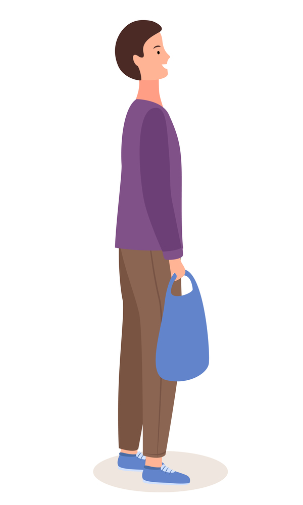 Isolated cartoon character. Young man wearing shirt and trousers smiling holding bag for shopping. Cheerful happy brown-haired guy talking. Person portrait. Man from side view. Illustration of adult. Isolated cartoon character, young man wearing shirt and trousers smiling holding bag for shopping