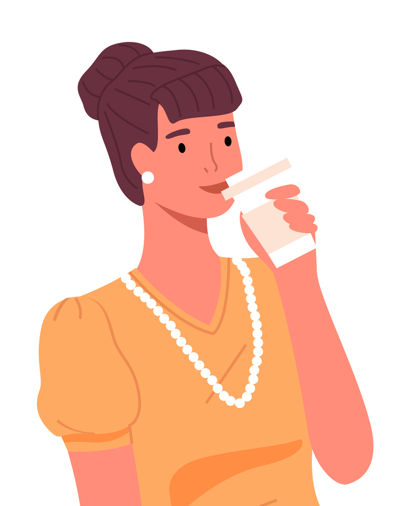 Happy smiling confident woman with hairstyle, wearing accessories, drinking tea or coffee from paper cup. Portrait of businesswoman wearing yellow blouse and white beads. Flat vector illustration. Smiling confident woman with hairstyle, wearing accessories, drinking tea or coffee from paper cup