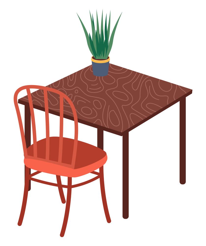 Isolated chair, table with green plant in pot at white background. Modern stylish furniture for home or office. Cozy place for rest, sitting, seat. Comfortable wooden armchair. Vector illustration. Isolated chair, table with green plant in pot, stylish modern furniture for home or office