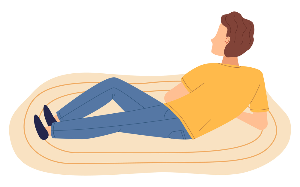 Isolated cartoon character man lying at floor on carpet, back view of guy, man relaxing resting on floor. Brown-haired guy wearing yellow t-shirt and jeans looking forward. Vector illustration. Isolated cartoon character man lying at floor on carpet. back view of guy, man relaxing resting