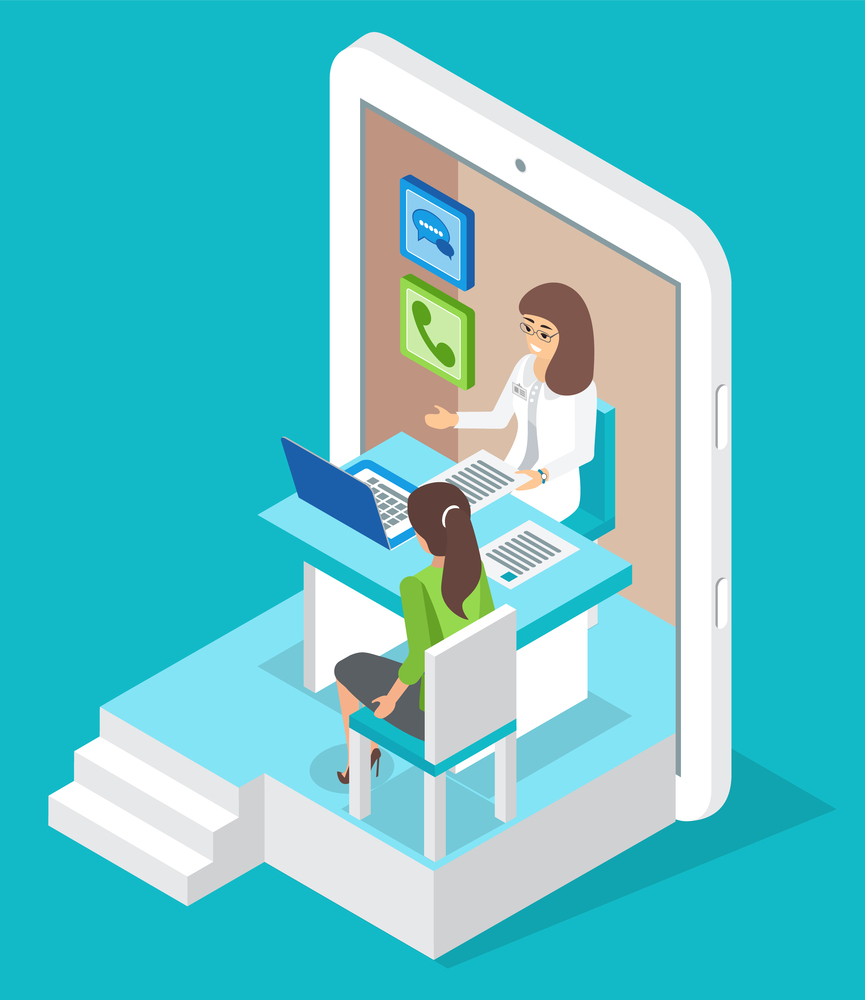 Isometric tablet. Online consultation doctor with patient woman. Healthcare and treatment. Medical app, virtual help at distance. Communicating with doctor through videocall. Online medicine. Isometric tablet, online consultation with doctor, online medicine, virtual medical help at distance