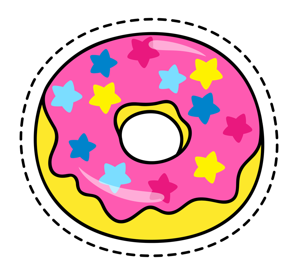 Sweet doughnut sticker or label with dotted line around, sweet bakery dessert with colorful sugar stars and pink cream, donut confectionery cookie, snack for children, delicious unhealthy food. Sweet doughnut sticker or label with dotted line around, sweet bakery dessert with sugar stars