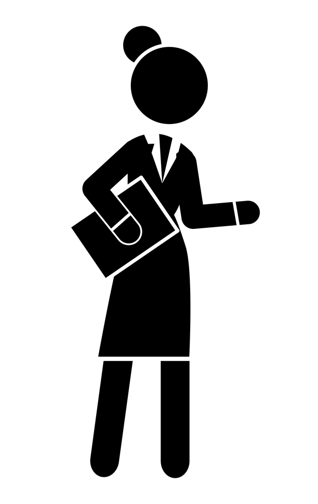 Black flat silhouette of moving businesswoman with document. Confident woman. Rounded edges shape. Female in strict black suit. Vector sketchy simplified figure of woman. Business website infographics. Black silhouette of moving businesswoman holding folder. Business Infographic. Female figure shape