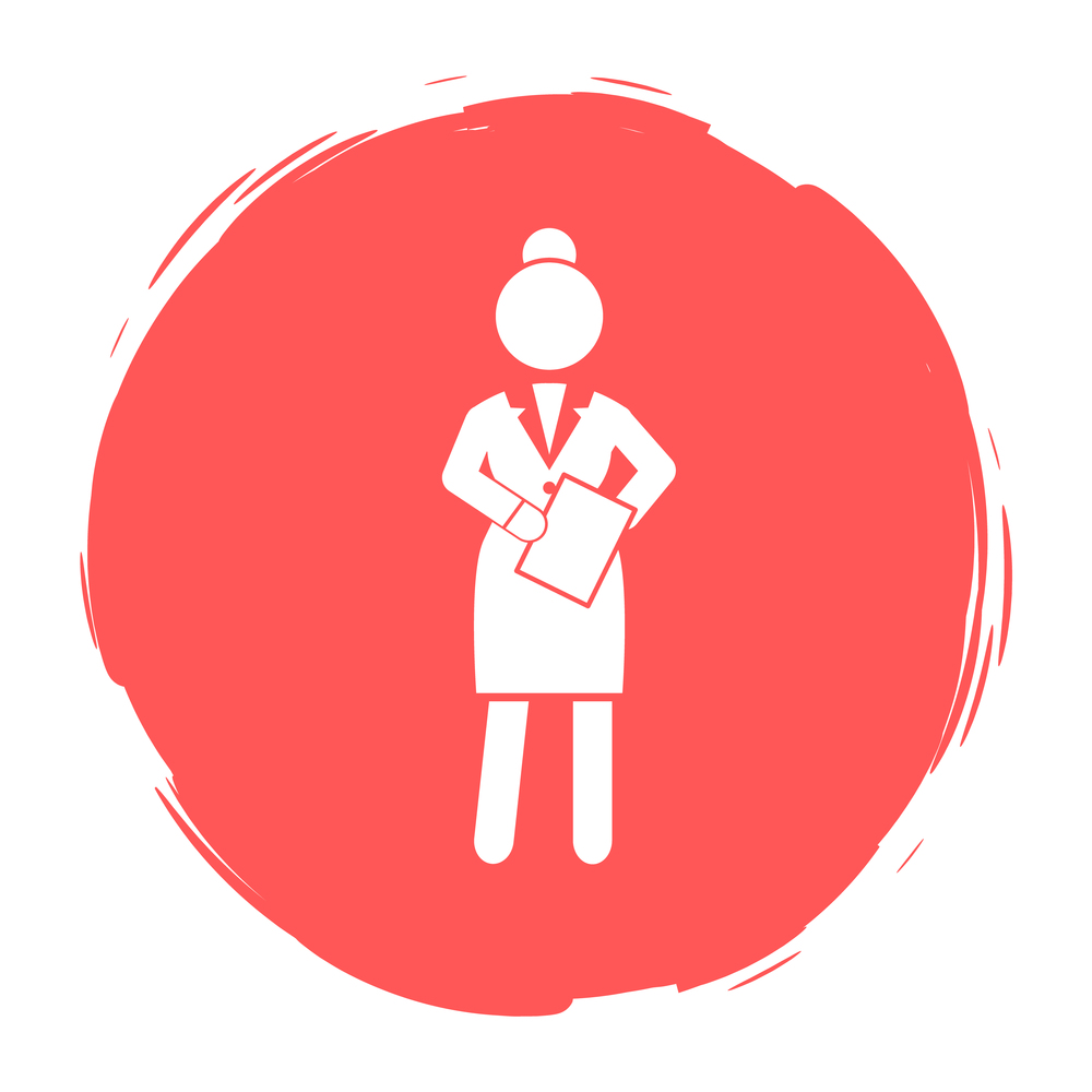 Flat vector silhouette of businesswoman with document folder. Head woman. Vector schematic simplified figure. Business infographics. Female in strict white suit. Rounded edges shape. Flat vector. Silhouette businesswoman with document folder. Business Infographic. Female figure shape