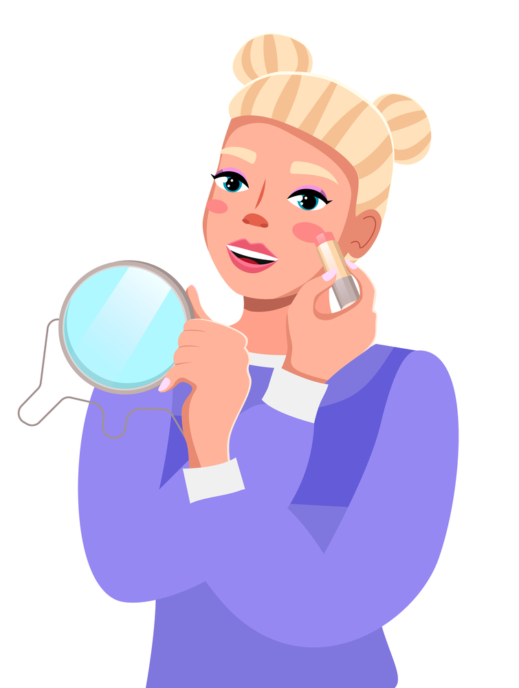 Young blonde girl holding mirror and lipstick in her hands, doing makeup, teaching master class, closeup young well-groomed woman. Pastel makeup. Blogger, streamer, model. Master class online. Young blond girl does makeup, lipstick, blush, master class, blogging. Flat vector image on white