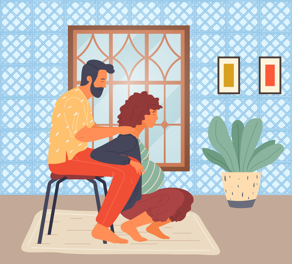Pregnant woman is squatting, her husband on stool holds wife under arms. Woman in long term pregnancy. The husband helps his wife. Cozy home interior, pot plant. Maternity, labor, reproduction, birth. Pregnant woman is squatting, husband supports wife under arms. Maternity, pregnancy, birth