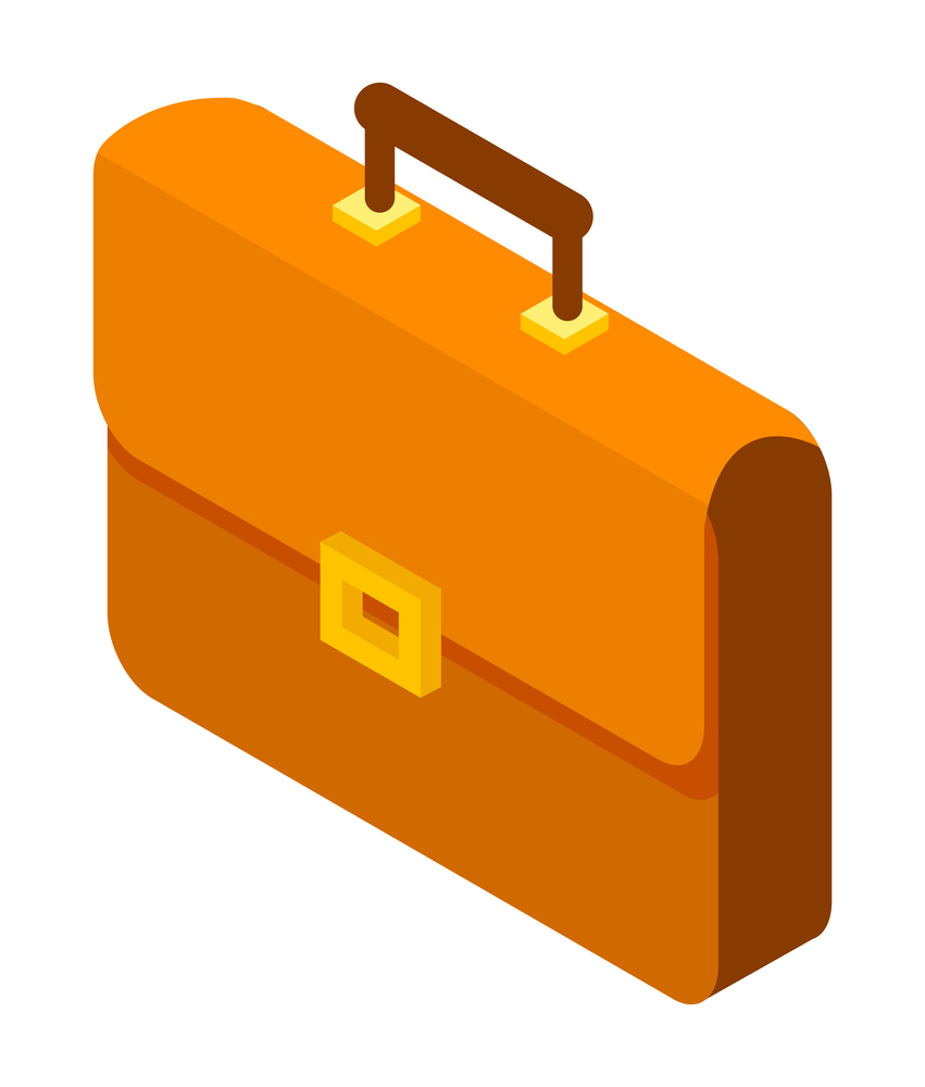 Isometric image of brown leather briefcase, business bag with yellow metal fastener on the lid. Rectangular case for documents. Male and female accessories. E-commerce. Flat isometric image on white. Brown leather business briefcase for documents. Accessories for business person. Bag or case