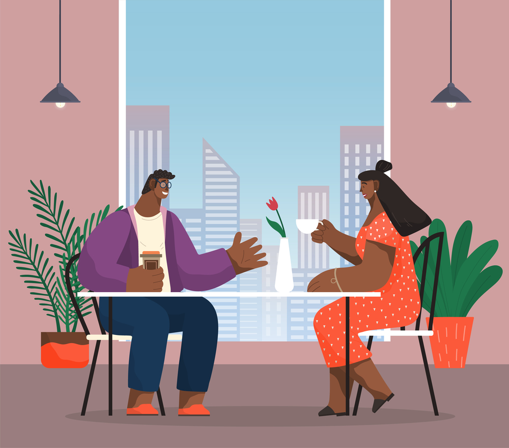 Young dark-skinned cartoon couple sits at round table and drinks coffee and tea. People in cafe or in office cafeteria. Panoramic window with cityscape. Ceiling lighting. Flat vector illustration. Couple of people sitting at table in office dining room, cafe or at home and drinking coffee