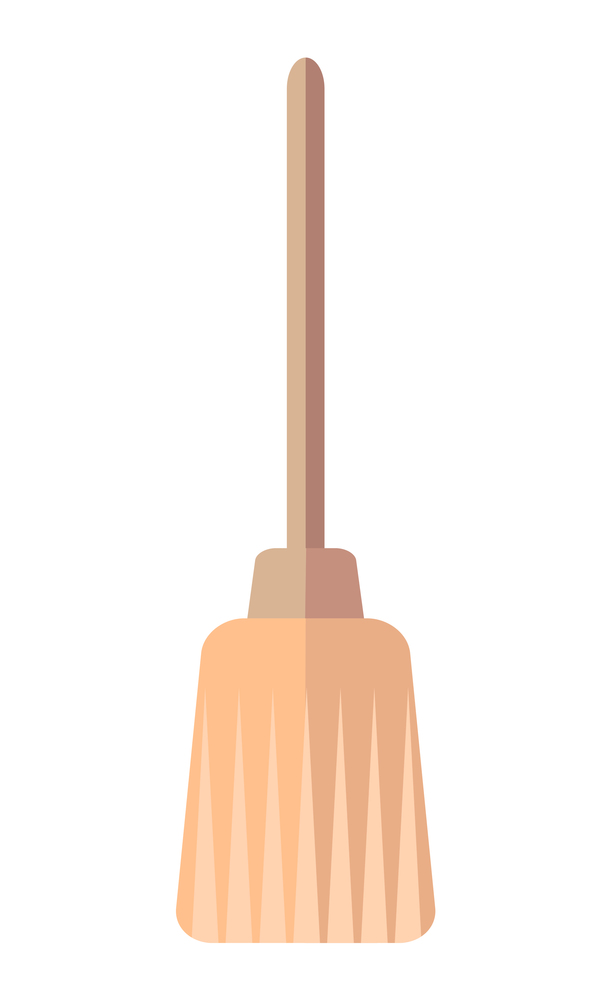 Broom, short brush of bound straw with brown plastic or wooden handle. Simple flat image home cleaning items isolated on white. Fleecy brush for home sweeping. Cleaning agent, mopping, sweeping. Cleaning brush for home, broom with plastic handle. To tidy the house, house cleaning, mopping