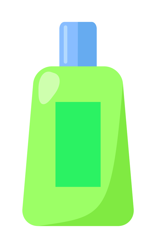 Plastic green cartoon bottle with a blue cylindrical cap, rounded container flat silhouette. Chemical liquid, or safe home cleaning product. Cleaning agent, mopping, sweeping. Flat vector image. Plastic green container with blue lid, liquid cleaning agent. Tidy house, house cleaning, mopping