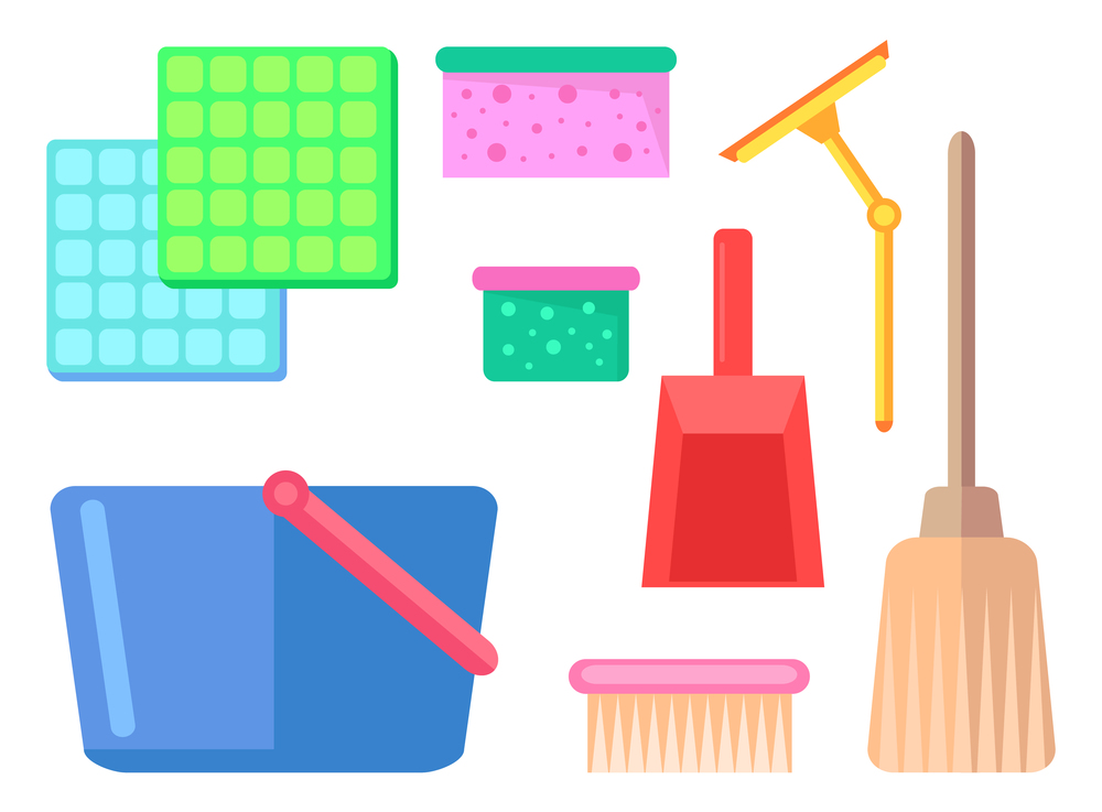 Group of household facilities washcloth, rags supplies and cleaning, Tools and container for cleaning. Icons set of multicolored doormats, sponges mops, buckets, basins, brushes, broom and scoop. Group of household facilities washcloth, rag supplies and cleaning, tools and container for cleaning