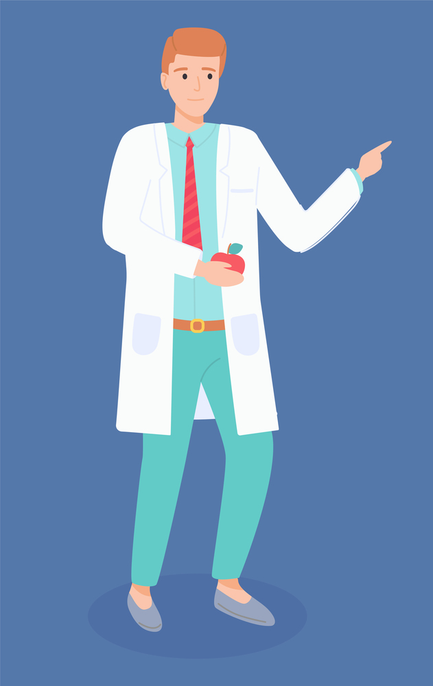 Standing and pointing medical specialist, male doctor, male gastroenterologist with apple. Medicine worker. Medical clothes, uniforms and equipment. Vector flat illustration isolated on white. Illustration of standing gastroenterologist or nutritionist with apple in his arm. Medical uniform