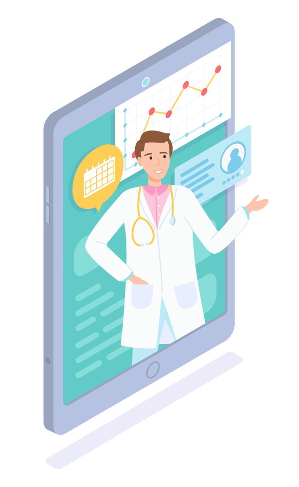 Young doctor with stethoscope on cartoon smartphone screen consults patient online. Area chart, calendar, planning a medical visit, patient history. Remote medicine. Flat vector image on white. Therapist consults the patient online via smartphone, appointment with the doctor. Isometric image