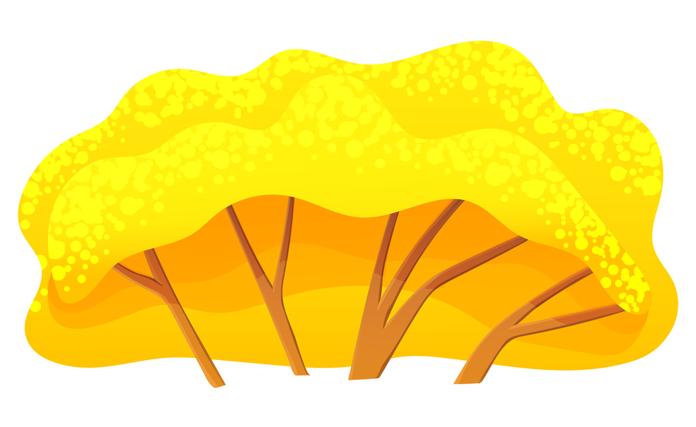 Yellow bright autumn tree or bush with a lush crown, thin brown trunk and branches isolated on white. Vector illustration of big plant with foliage round shape, landscape element in cartoon concept. Yellow bright autumn tree or bush with a lush crown, thin brown trunk and branches isolated on white