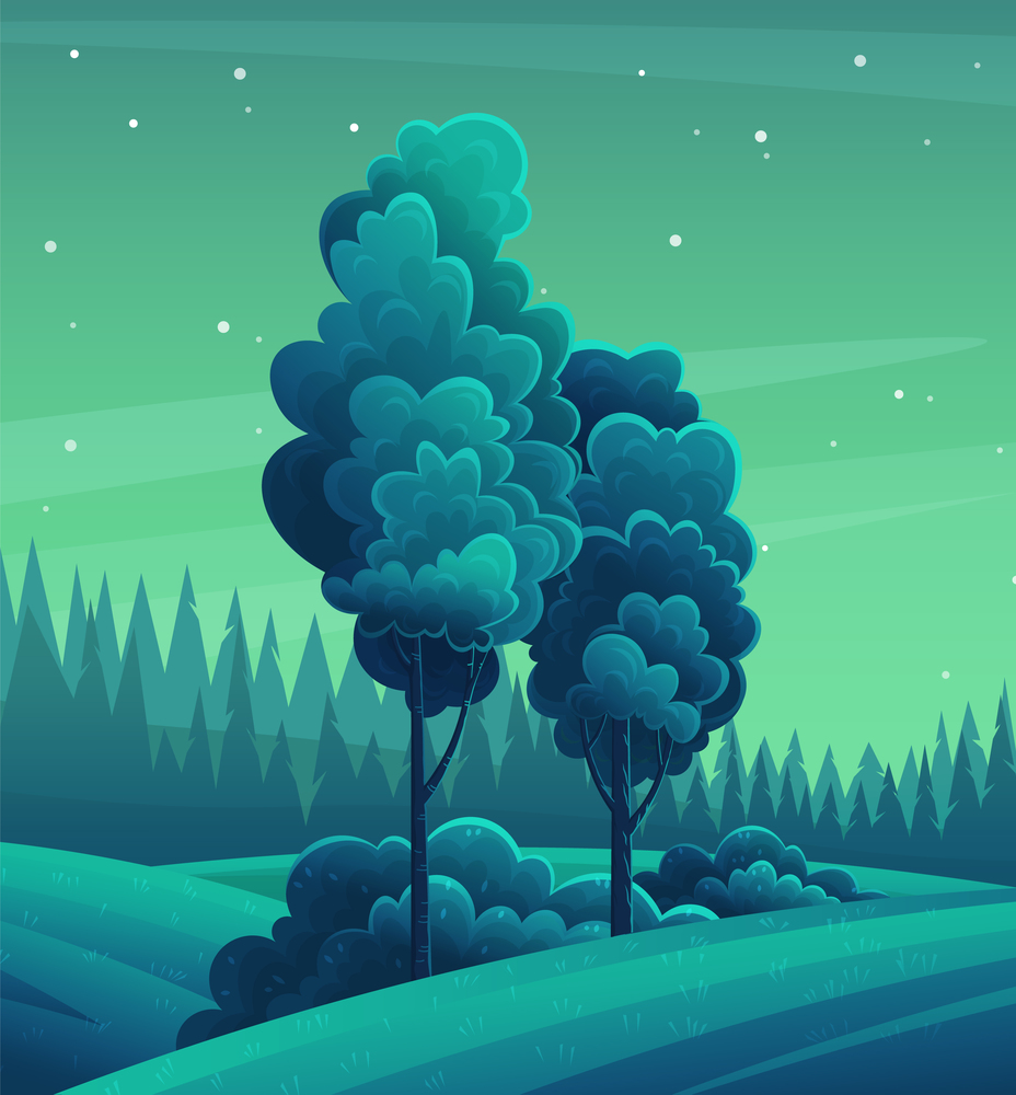 Night mixed forest. Dark blue green background. Tall tree with a magnificent crown. Deciduous wood, bright moon in the sky, stars. Cartoon design for banners, games, sites. Night forest landscape. Forest night landscape, tall tree, bushes, mixed forest, dark blue background, bright moon, stars