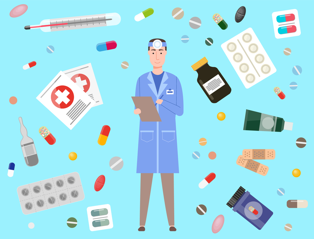 Illustration of a doctor prescribing pills, tablets, medicine. Prescription Medicines, preparations, thermometer. Medical professional or pharmacologist with forehead mirror. Health care stuff. Doctor or pharmacologist with forehead mirror on background with health care stuff. Pills and drugs