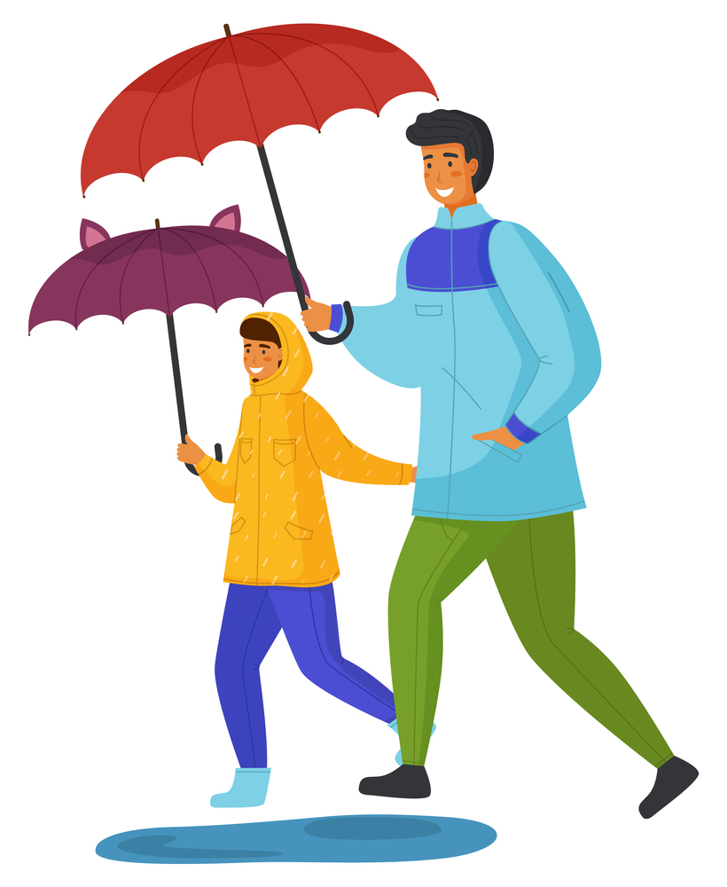 Dad in blue jacket or windbreaker, green pants, red umbrella walking with his daughter in yellow raincoat, rubber boots, funny eared umbrella. Autumn and summer rain, puddles. Flat vector image. Dad and daughter are walking with umbrellas in rain. Autumn weather. Funny children s eared umbrella
