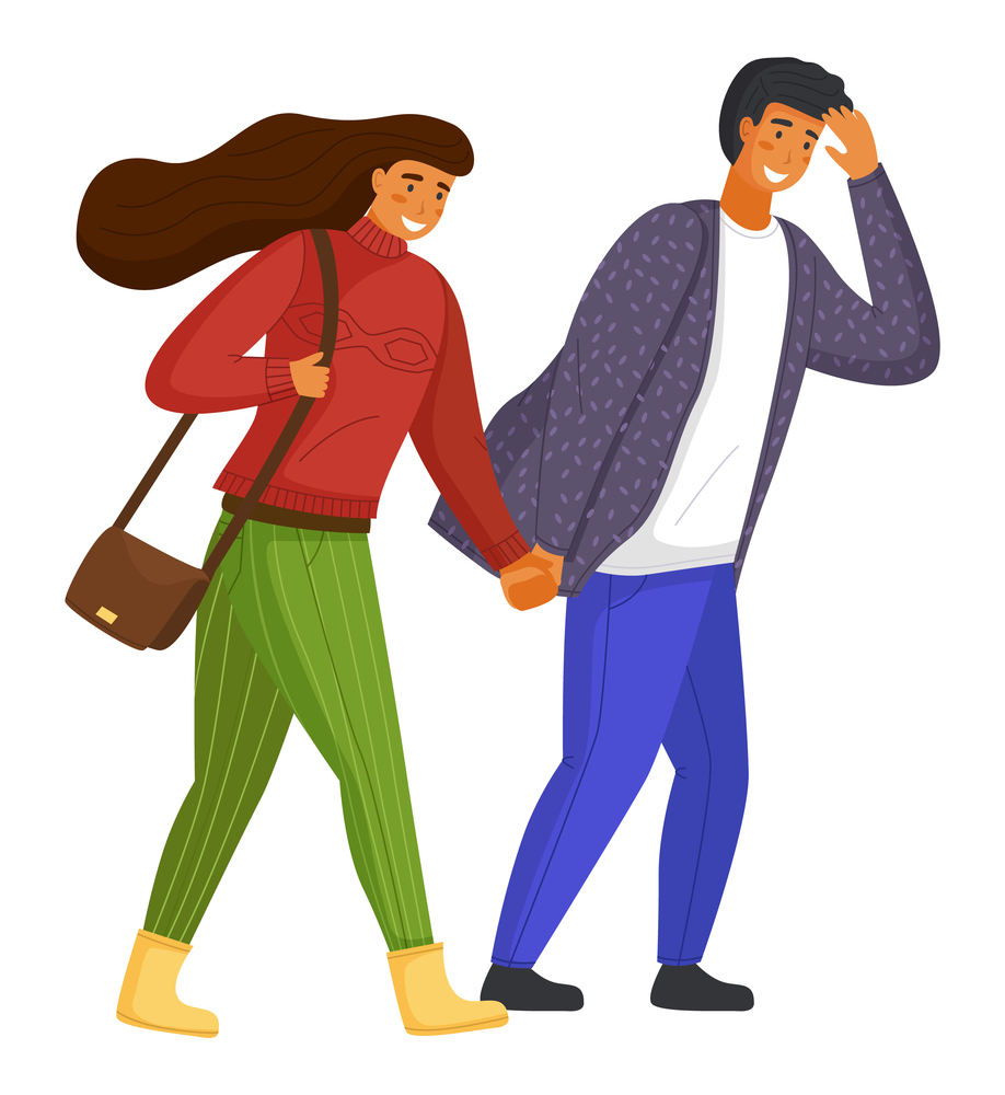 Young couple walking, overcoming strong gusts of wind. Long-haired woman in red sweater and green pants, bag over shoulder. Man in jeans, patterned shirt walks, covering eyes with hands. Wind blowing. Woman in sweater, man in shirt, people go holding hands, overcome strong gusts of wind. Flat image
