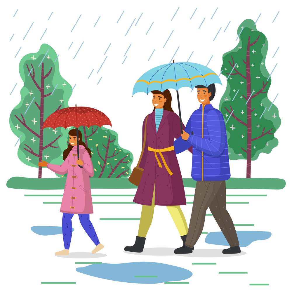 The family walks while raining. Girl in pink raincoat carries red umbrella. Parents under blue umbrella. City autumn park, puddles, rain. Be happy with your family even in bad weather. Autumn time. Daughter, dad and mom walking in park with umbrellas during the rain. Rainy weather outside, puddles