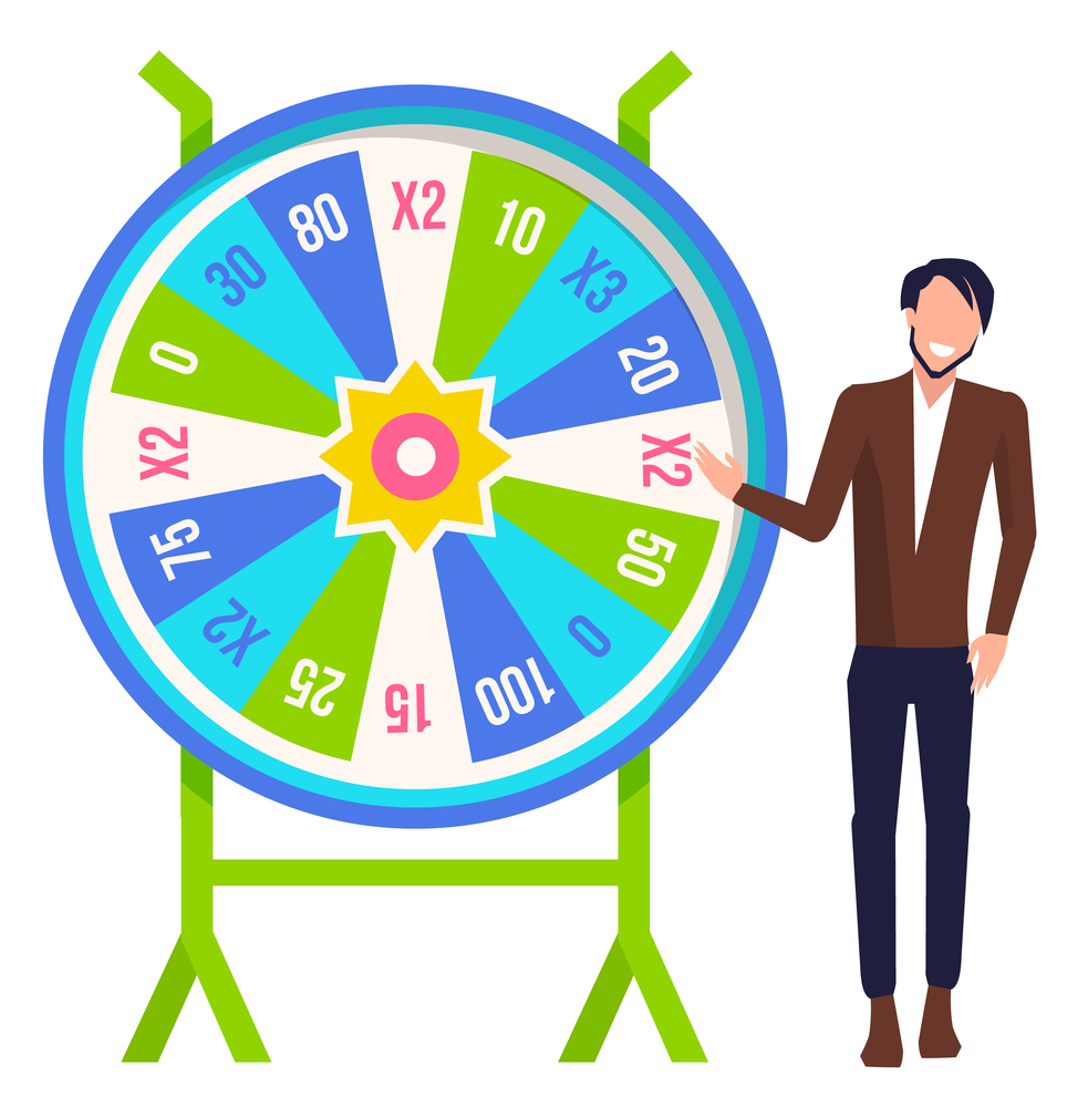Game fortune wheel concept. Man playing risk game with fortune wheel and lottery. Casino and gambling vector. Illustration of casino fortune, wheel winner game. Young guy trying luck in casino. Game fortune wheel concept. Man playing risk game with fortune wheel and lottery, gambling template