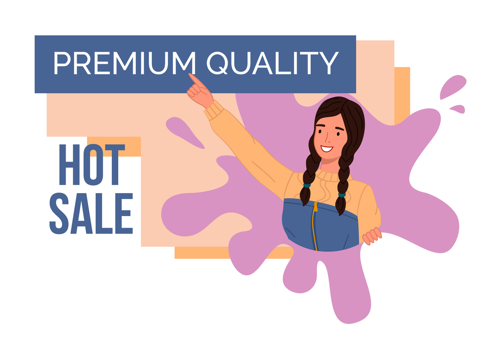 Happy girl with pigtails indicates large inscription Premium quality Hot sale. Young cheerful girl peeks out of conceptual geometric shape. Light background. Advertising slogan, announcement. Brown-haired girl points to large lettering Hot Sale Premium Quality . Advertising slogan
