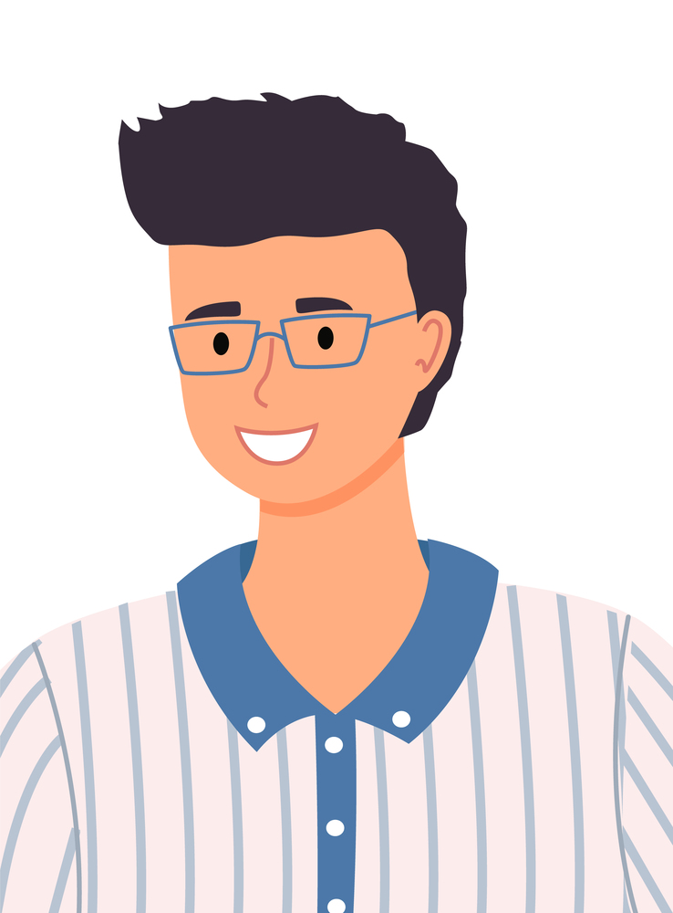 Cute young smiling closeup black-haired guy in glasses. Striped shirt. The man wears glasses. Male smiling portrait. Caucasian or Asian man. Flat design vector illustration. Modern character avatar. Young pretty guy smiling, wears glasses. Male close up. Flat vector image isolated on white
