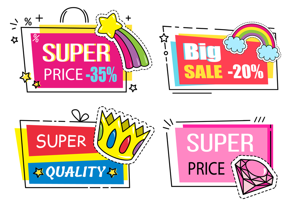 Set of big sale banners. Discount poster template. Big sale special offer. End of season special proposition banner vector flat style. Super sale best price and super quality advertising poster. Set of big sale banners. Discount poster. Big sale special offer. End of season special proposition