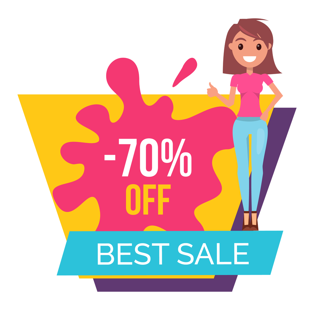 Sale banner with beautiful woman standing near advertising bright poster with lettering best sale. Smiling girl with happy face expression showing a gesture ok with thumbs up, discount shopping time. Sale banner with beautiful young woman standing near advertising bright poster with lettering