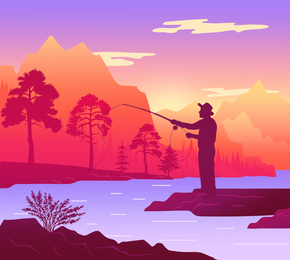 Fisherman with a fishing rod on the shore of a forest river. Silhouette of a man standing on coast. Person holding fishing rod in his hands on the background of reservoir at the foot of the mountain. Fisherman with a fishing rod on the shore of a forest river. Silhouette of a man standing on coast