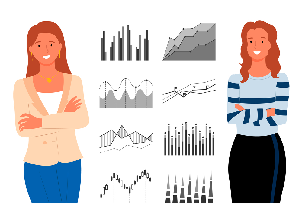 Pretty woman consultants and statistics graphs and charts, people financial analytics isolated. Monitoring of data, investments and marketing development. Pretty Woman Consultants and Statistics Graphs