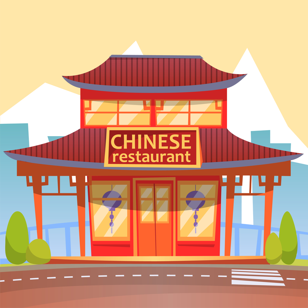 Chinese restaurant or sushi bar building facade with signboard. Snackbar or eatery and restaurant, public place, oriental national cuisine vector. Chinese Restaurant Building City Background Vector